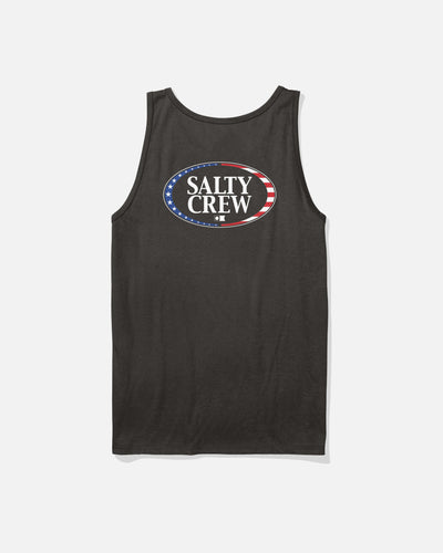 America a Frame Tank Tank Top front view, Charcoal with white text and oval graphic bordered in stars and stripes, Black