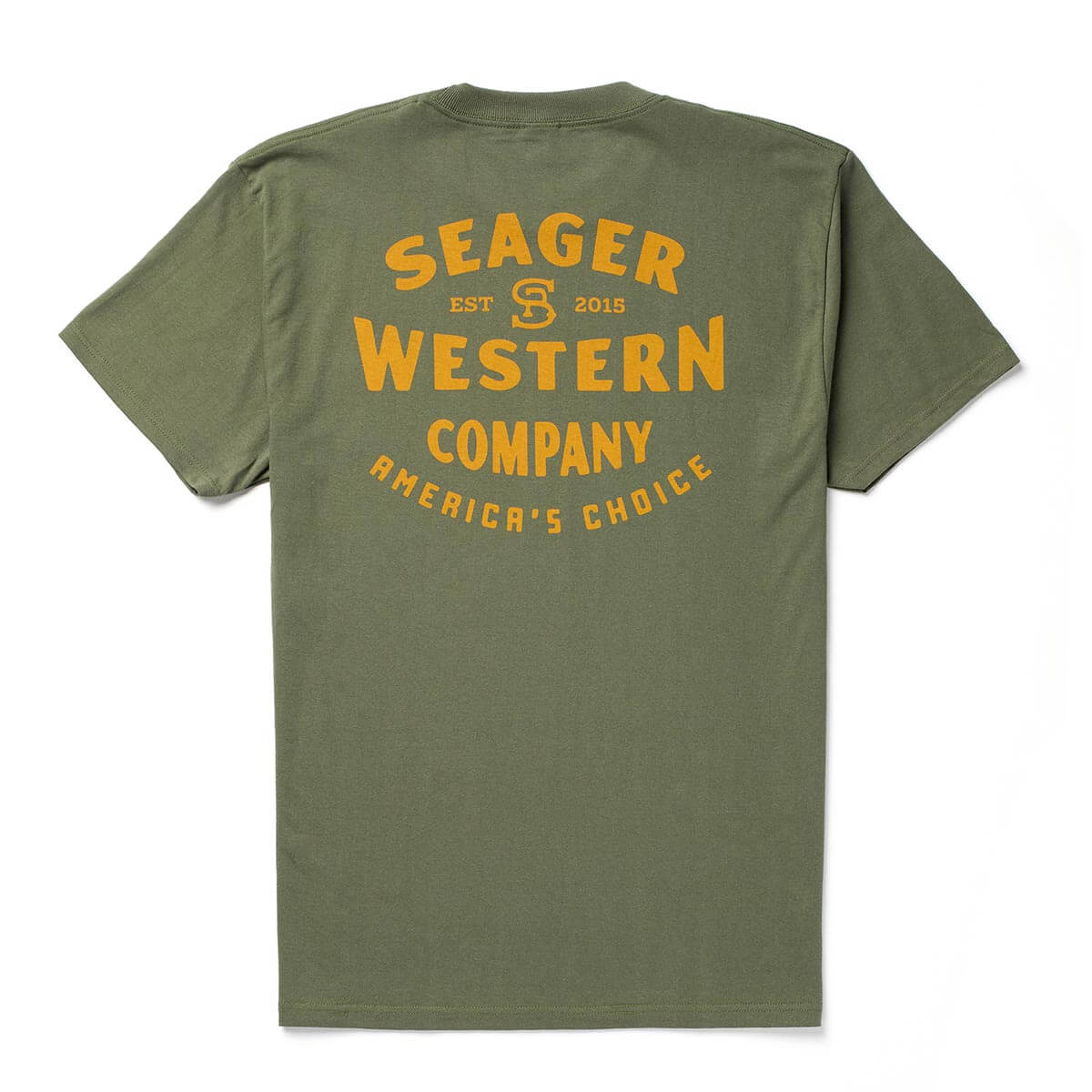 Americas Choice front view, Surplus green with gold text reading "Seager Western Company," established 2015 monogram, and