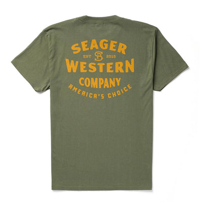 Americas Choice front view, Surplus green with gold text reading "Seager Western Company," established 2015 monogram, and