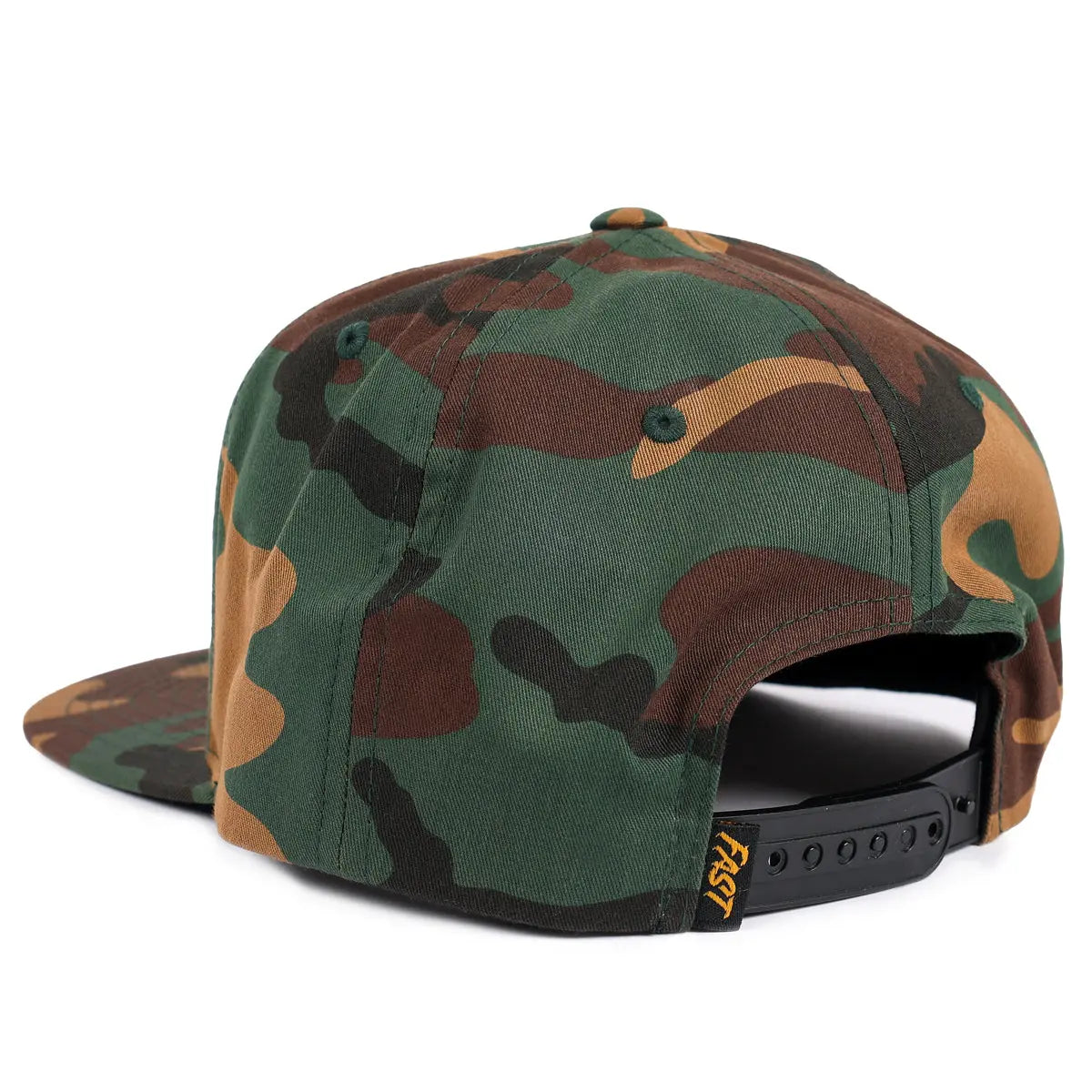 Back of Anchor Hat Camo Hat, Black snapback closure with gold embroidered logo detail - Slowride Supply