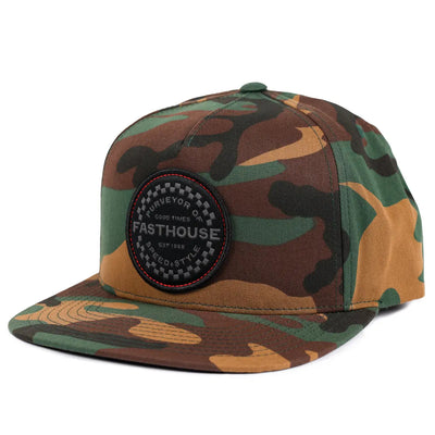 Anchor Hat Camo front view, Woodland camouflage with brown, green, and tan patches featuring circular embroidered patch with