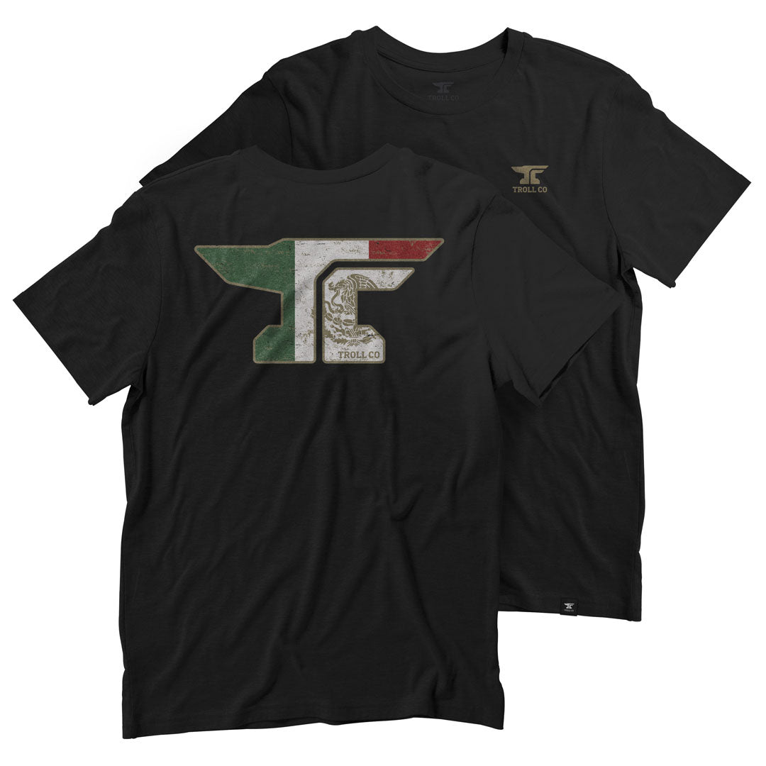 Anvil Mexico front view, Black with distressed tricolor flag and stylized F graphic in tan and olive, Black Tee - Slowride