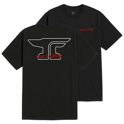 Anvil Scripted front view, Black with white outline logo and red script text overlay, Black Tee - Slowride Supply
