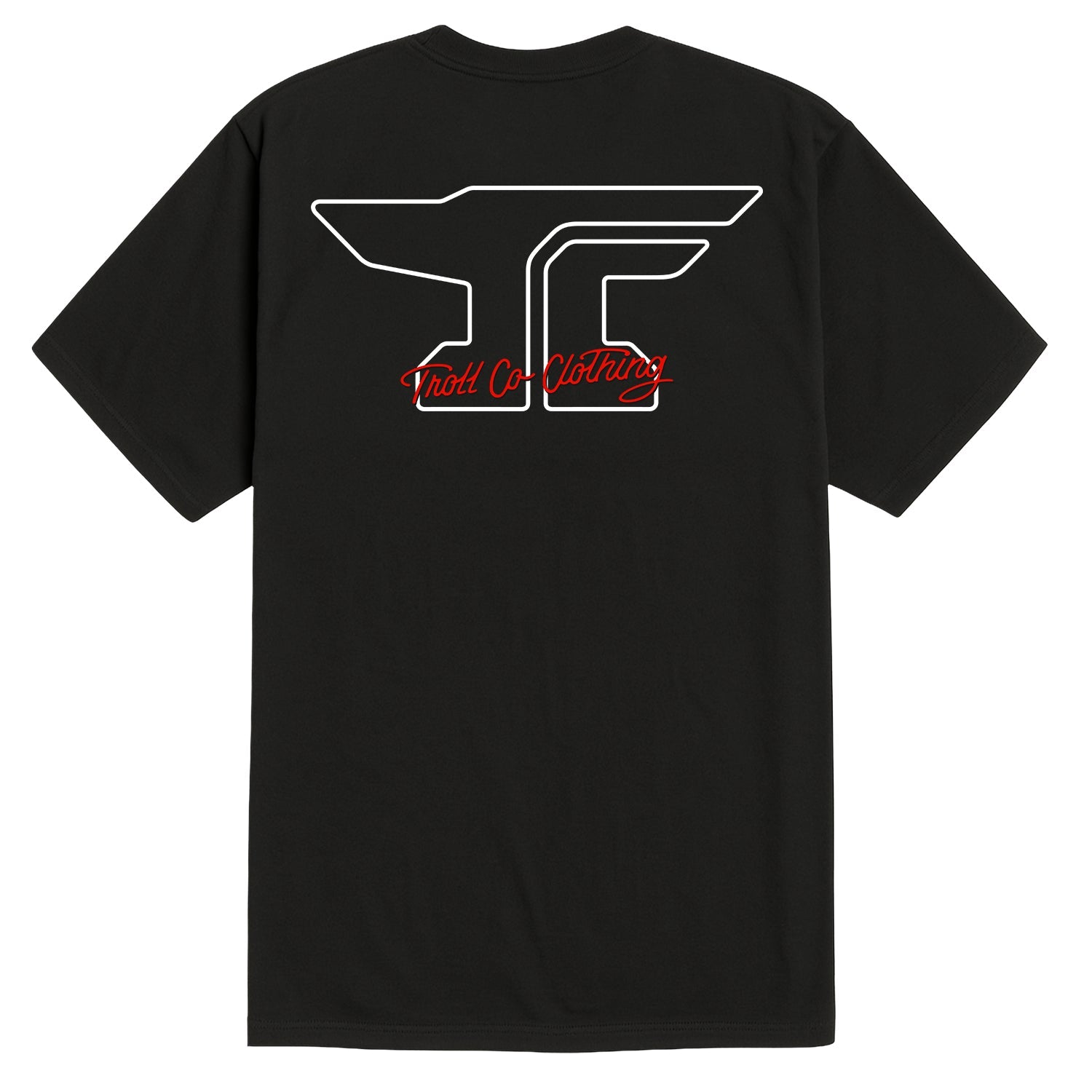 Close-up of Anvil Scripted Black Tee showing White outline wing graphic with red script text underneath on black cotton tee,