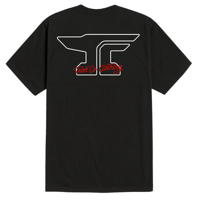 Close-up of Anvil Scripted Black Tee showing White outline wing graphic with red script text underneath on black cotton tee,
