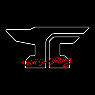 Care label on Anvil Scripted Black Tee showing White outlined geometric logo with red script text reading "Troll Co Clothing