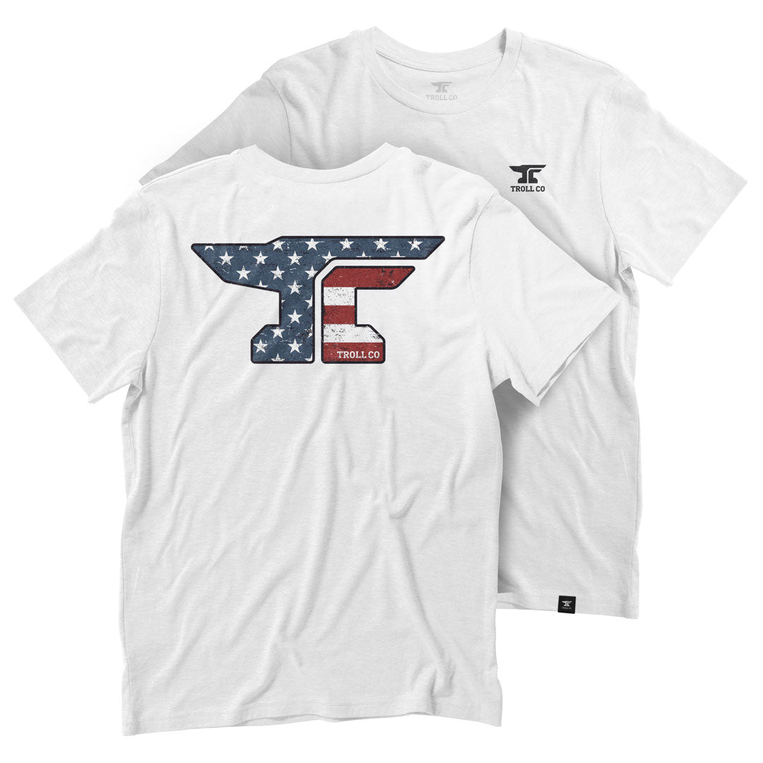 Anvil USA front view, White with distressed stars-and-stripes F logo in navy and red, White Tee - Slowride Supply