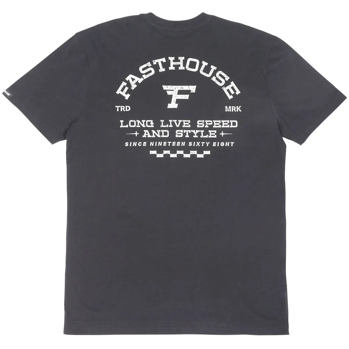Arthur front view, Charcoal with white distressed "Fasthouse" text, large F logo, "Long Live Speed + And Style" motto,