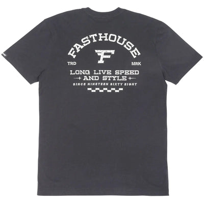 Arthur front view, Charcoal with white distressed "Fasthouse" text, large F logo, "Long Live Speed + And Style" motto,