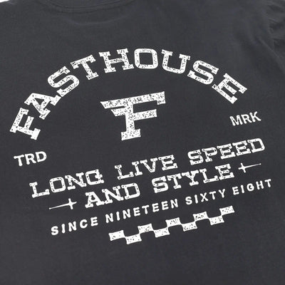 Close-up of Arthur Black Tee showing Distressed white lettering and racing graphic with speckled texture throughout print -
