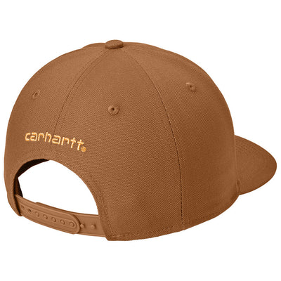 Close-up of Ashland Cap Brown Hat showing Tan canvas cap with embroidered text on side, snapback closure with riveted tabs -