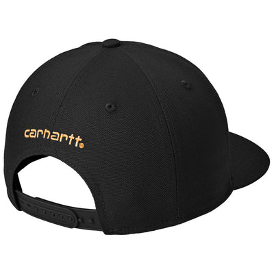 Close-up of Ashland Cap Brown Hat showing Black structured six-panel cap with gold embroidered text on front panel, snapback