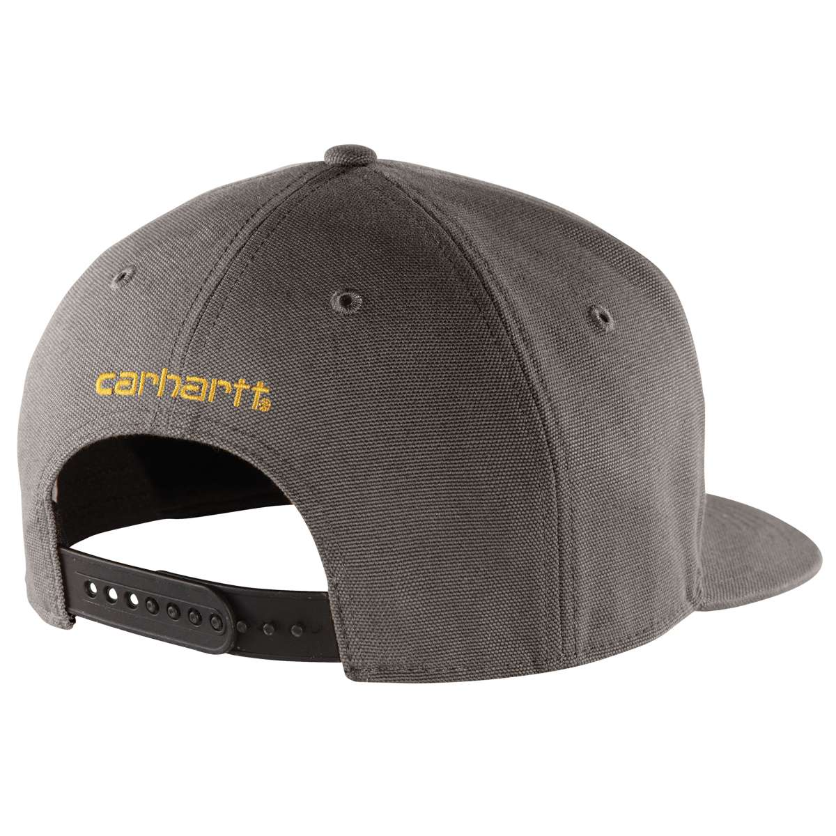 Close-up of Ashland Cap Brown Hat showing Canvas snapback with yellow embroidered text on front, black plastic snap closure