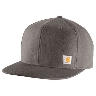 Close-up of Ashland Cap Brown Hat showing Charcoal canvas six-panel cap with structured crown and flat visor, small woven