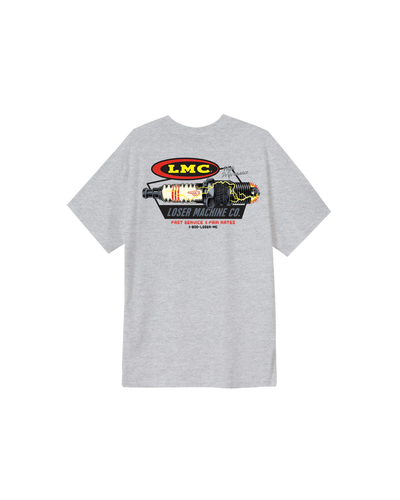 Auto Parts Pocket front view, Heather grey with red oval LMC logo, illustrated engine graphic with yellow and red accents,