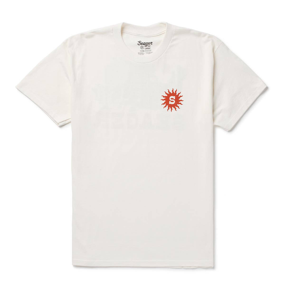 Close-up of Baja Vintage Black Tee showing Cream with red sun burst graphic and letter S on chest - Slowride Supply
