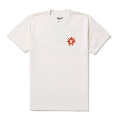 Close-up of Baja Vintage Black Tee showing Cream with red sun burst graphic and letter S on chest - Slowride Supply