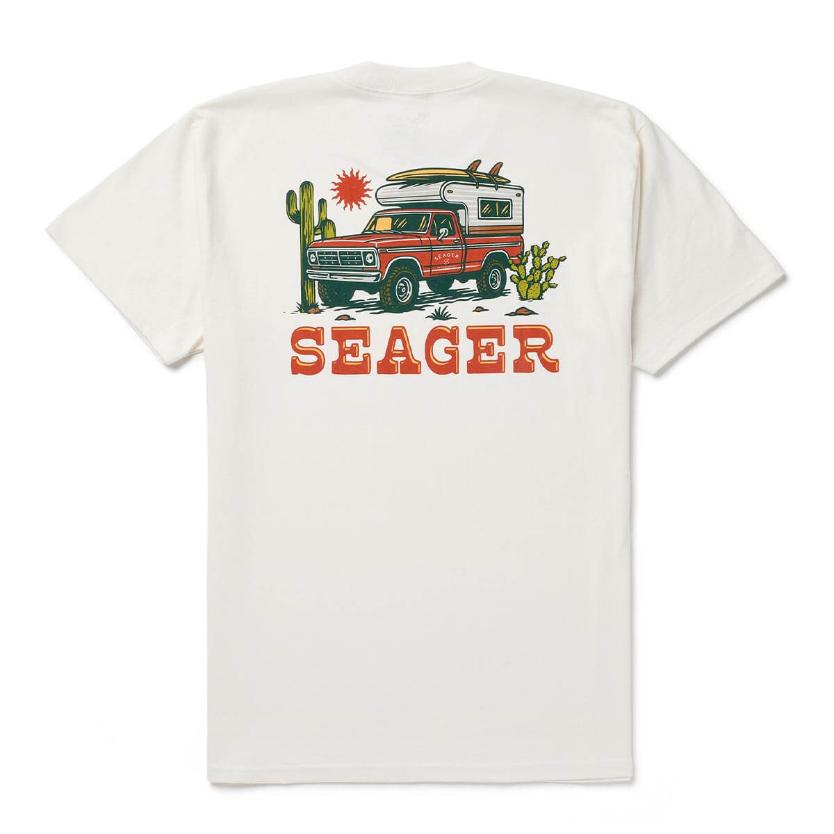 Baja front view, Cream with red pickup truck, surfboard, and desert cactus graphic, SEAGER text below in red and gold