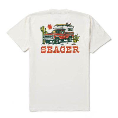 Baja front view, Cream with red pickup truck, surfboard, and desert cactus graphic, SEAGER text below in red and gold