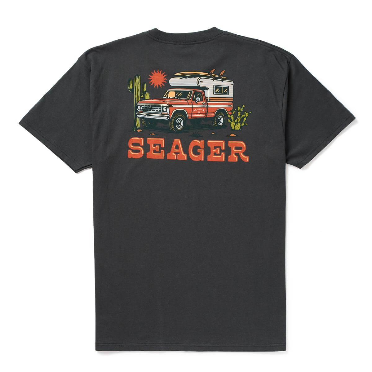 Back of Baja Vintage Black Tee, Charcoal with desert campsite graphic featuring red pickup truck, white trailer, orange sun,