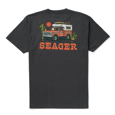 Back of Baja Vintage Black Tee, Charcoal with desert campsite graphic featuring red pickup truck, white trailer, orange sun,