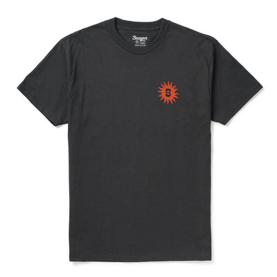 Close-up of Baja Vintage Black Tee showing Crew neck tee with small red spiked sun graphic on chest - Slowride Supply