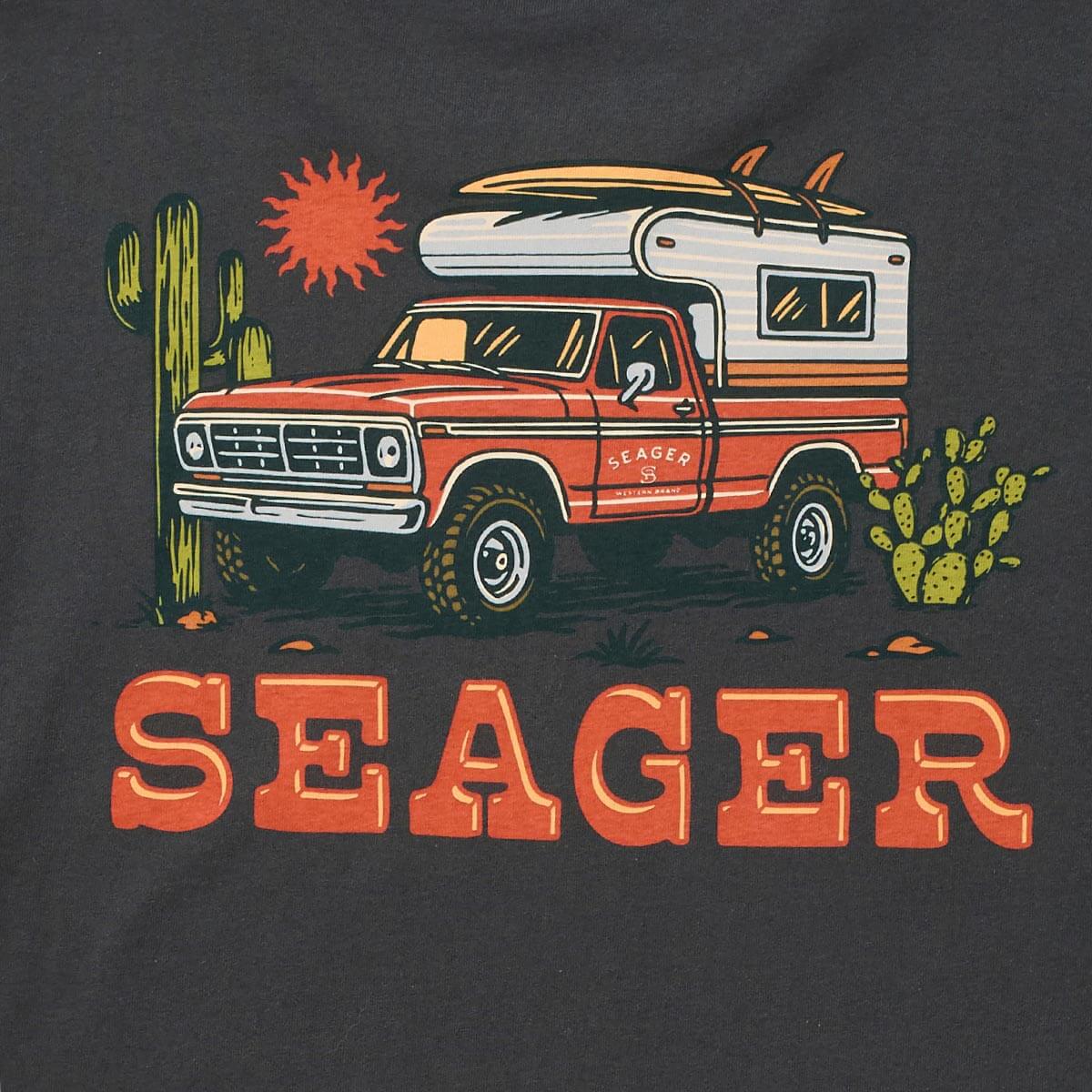 Close-up of Baja Vintage Black Tee showing Vintage black fabric with multi-color screen-printed desert scene graphic