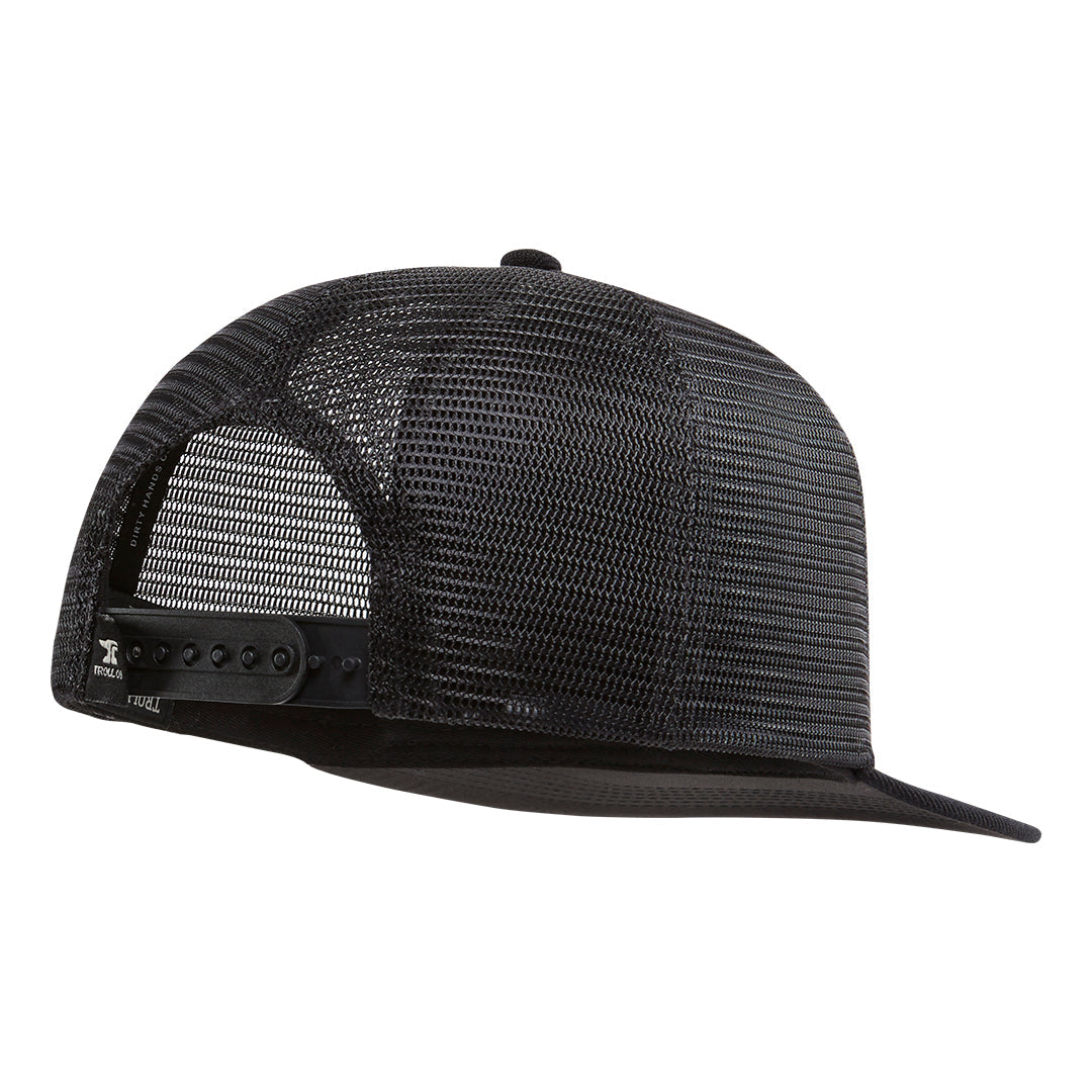 Back of Barricade Anvil Flat Brim Black Hat, Black mesh back panel with snap closure and embroidered text detail - Slowride