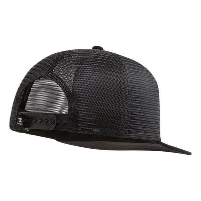 Back of Barricade Anvil Flat Brim Black Hat, Black mesh back panel with snap closure and embroidered text detail - Slowride