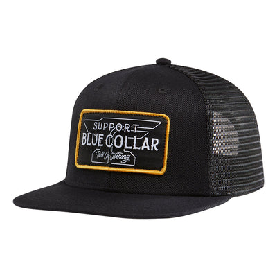Barricade Anvil Flat Brim front view, Black with gold-bordered patch featuring "Support Blue Collar" text and state outline