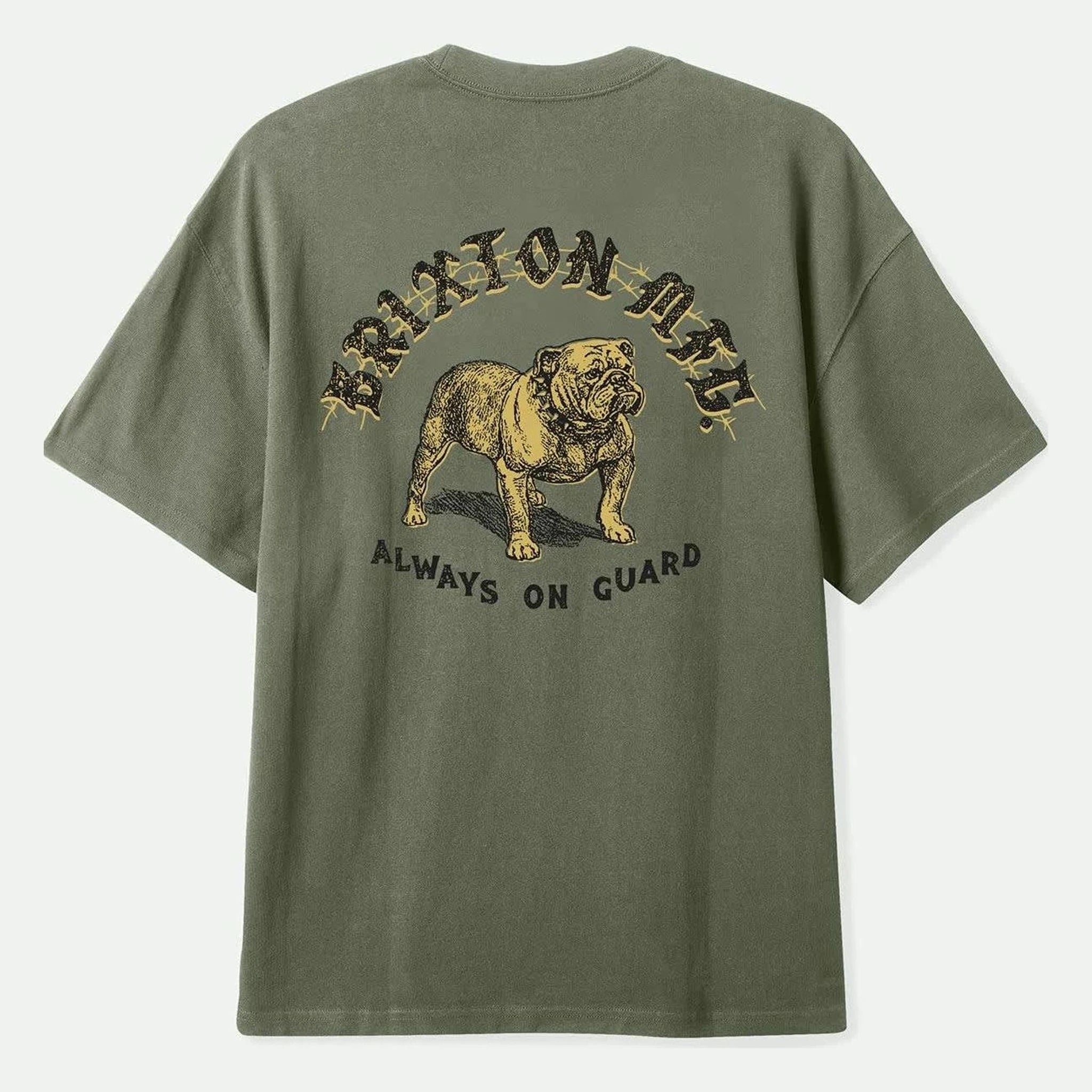 Bauer HW Relaxed front view, Olive with tan and black bulldog graphic, curved text above, "Always On Guard" text below,