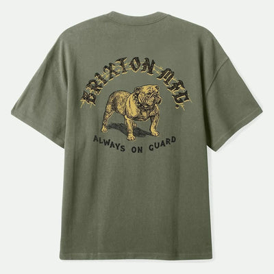 Bauer HW Relaxed front view, Olive with tan and black bulldog graphic, curved text above, "Always On Guard" text below,