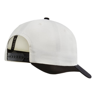 Back of BC Bottoms Up Curved Brim Trucker Natural Black Hat, Black snapback closure with embossed text and grommets visible