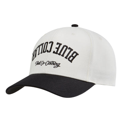 BC Bottoms Up Curved Brim Trucker front view, White crown with black embroidered text and script, black curved brim, Natural