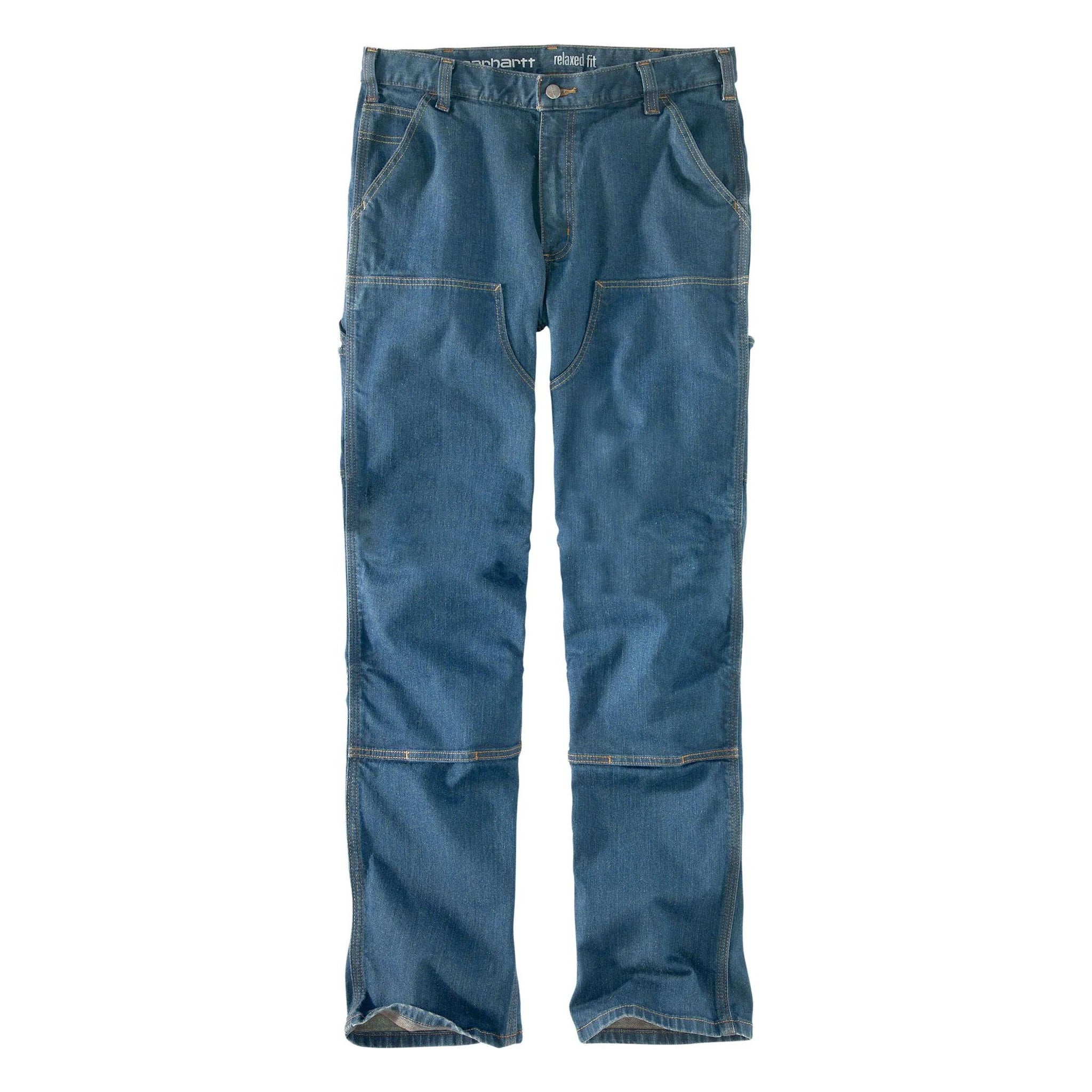 Bd3329-m Denim Apparel front view, Medium blue denim with relaxed fit, tan contrast stitching, and reinforced cargo pockets