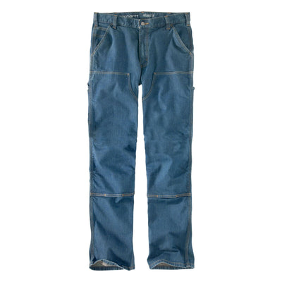 Bd3329-m Denim Apparel front view, Medium blue denim with relaxed fit, tan contrast stitching, and reinforced cargo pockets