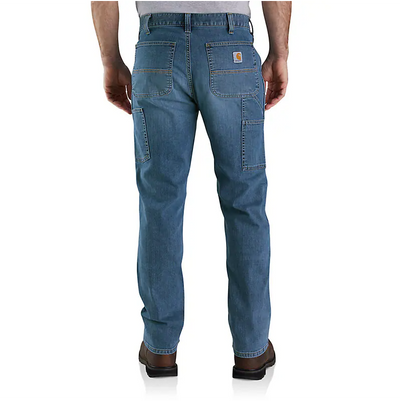 Back of Bd3329-m Denim Apparel Apparel, Medium blue denim with dual rear pockets and tan logo patch on upper right pocket -