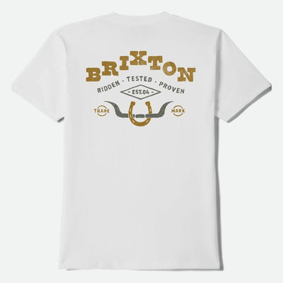 Beekman front view, White with gold distressed type reading "Brixton," gray and gold horseshoe graphic, and "Ridden Tested