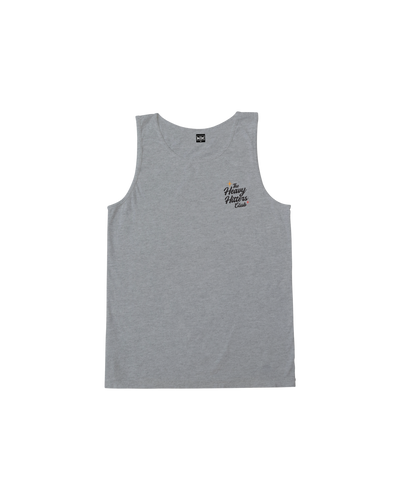 Close-up of Beer Bruiser Tank Tank Top White Tank Top showing Heather gray tank with small black script "Heavy Hitters Club"