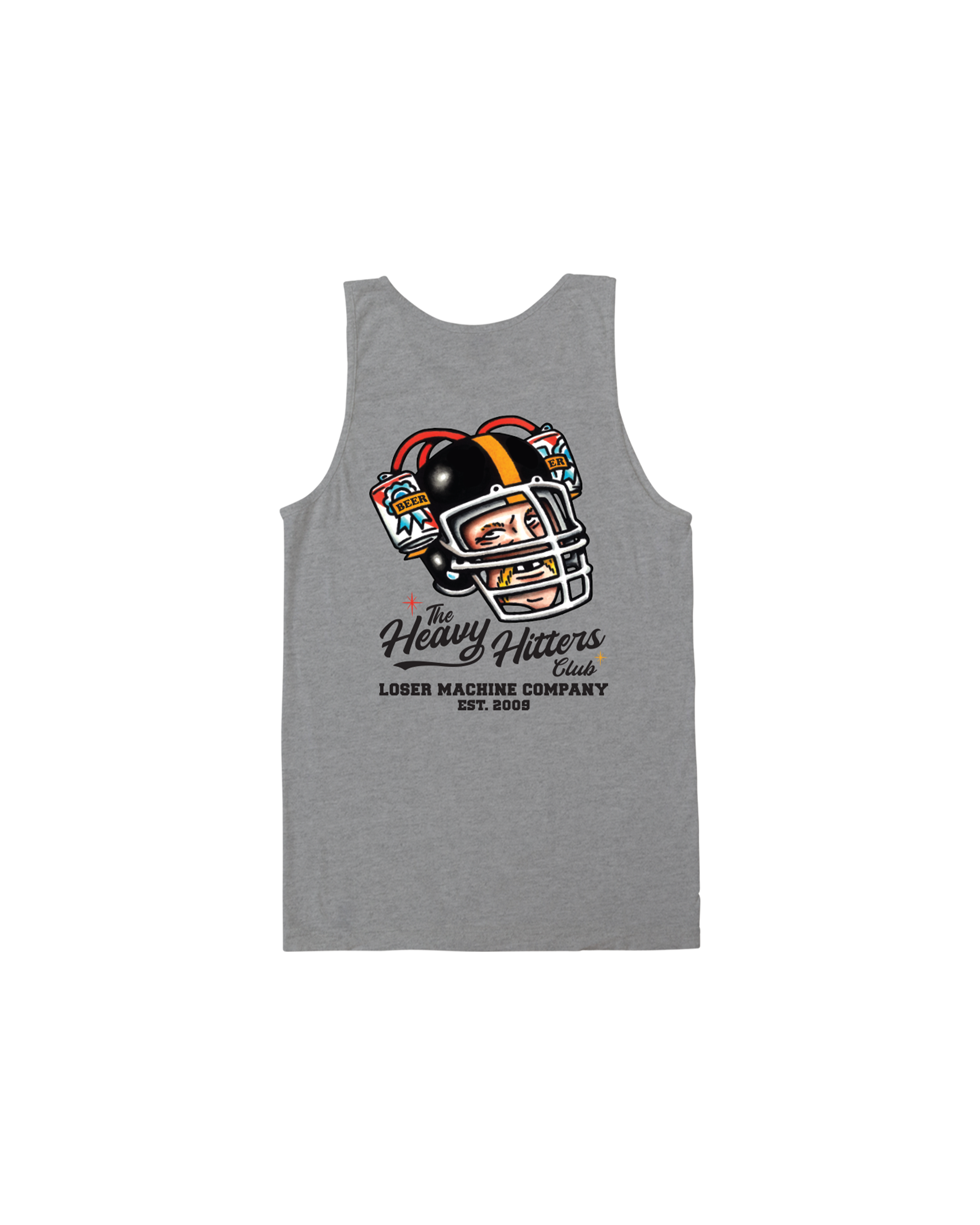 Back of Beer Bruiser Tank Tank Top White Tank Top, Heather gray with football helmet graphic, red and gold stripe, black