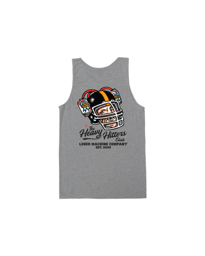 Back of Beer Bruiser Tank Tank Top White Tank Top, Heather gray with football helmet graphic, red and gold stripe, black