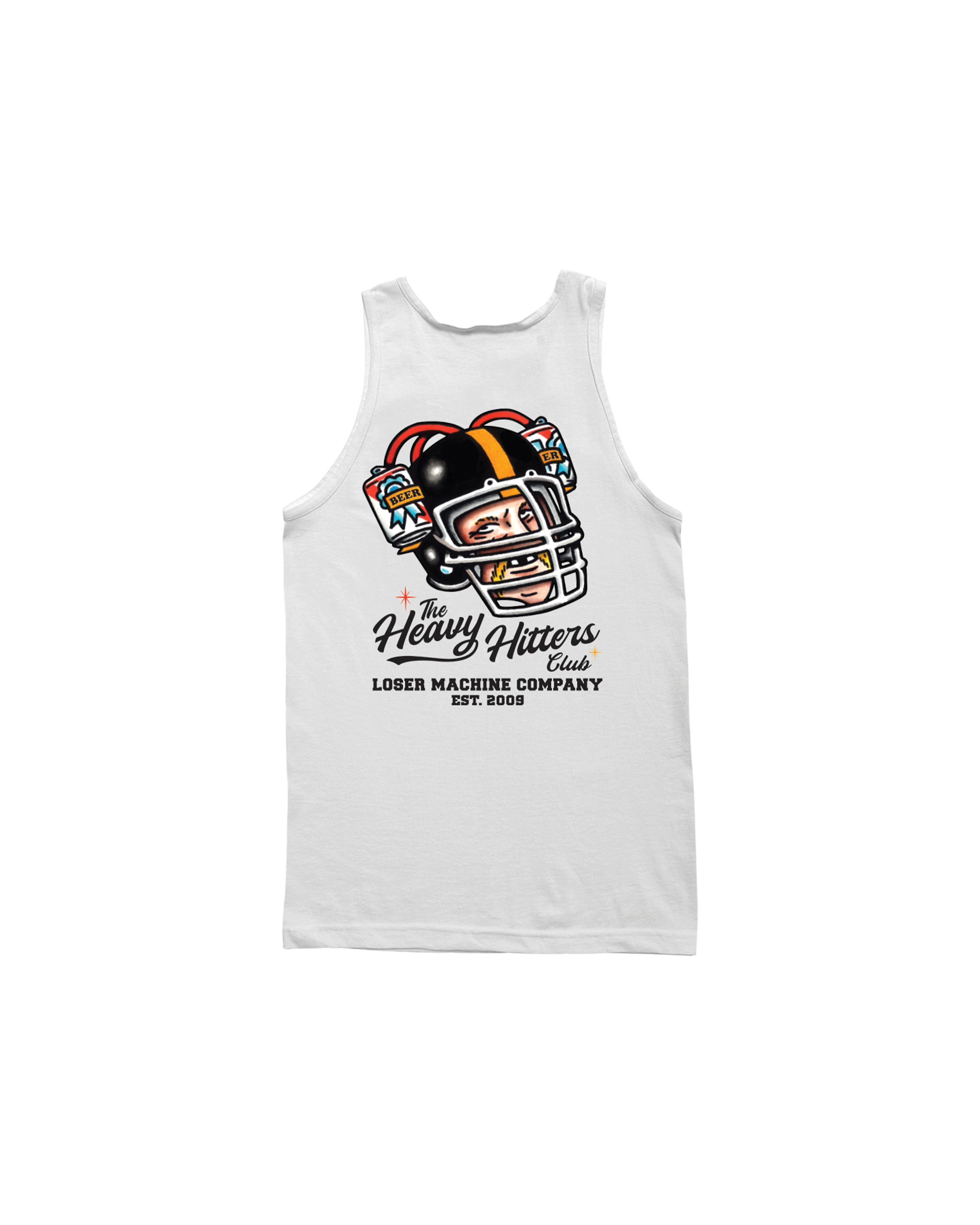 Beer Bruiser Tank Tank Top front view, White tank with football helmet graphic in red, black, and gold, flanked by beer