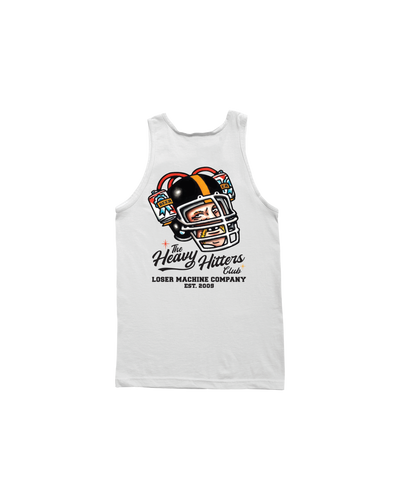 Beer Bruiser Tank Tank Top front view, White tank with football helmet graphic in red, black, and gold, flanked by beer