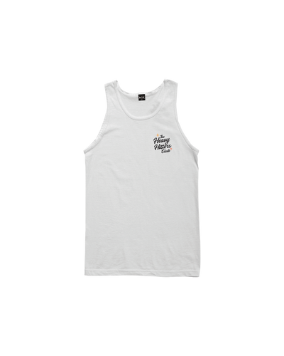 Close-up of Beer Bruiser Tank Tank Top White Tank Top showing White tank top with small chest print reading "The Heavy