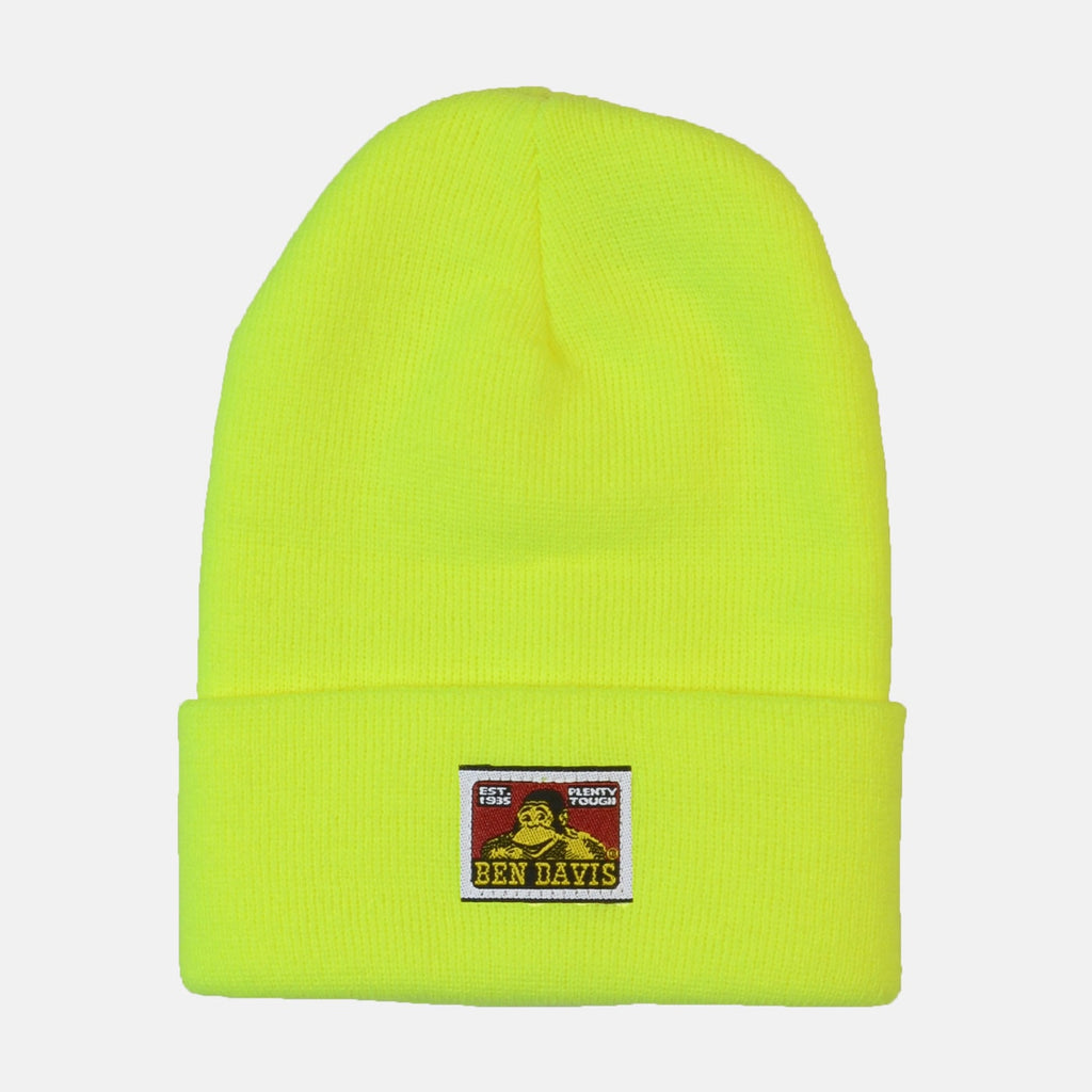 Back of Rust Beanie, Neon yellow ribbed knit with embroidered patch featuring portrait and "Ben Davis" text - Slowride Supply