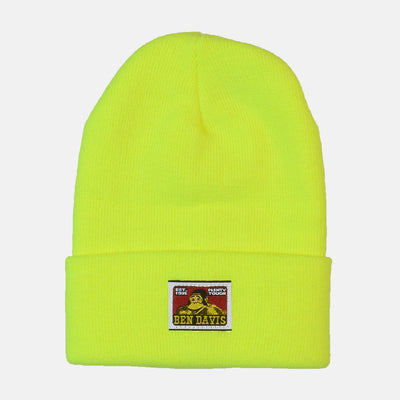 Back of Rust Beanie, Neon yellow ribbed knit with embroidered patch featuring portrait and "Ben Davis" text - Slowride Supply