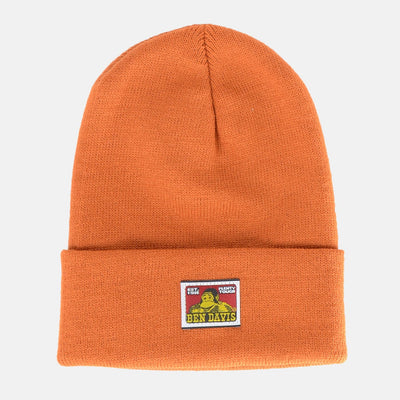 front view, Rust orange knit beanie with woven patch label at front cuff, Rust Beanie - Slowride Supply