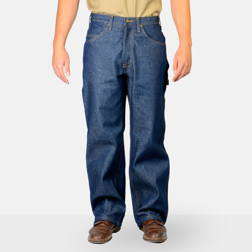 Back of Carpenter's Pants Black Denim Pants, Dark indigo denim with tan topstitching and side cargo pocket detail - Slowride