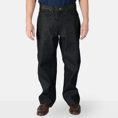 Carpenter's Pants front view, Black denim with brass button and rivet hardware, five-pocket construction, Black Denim Pants
