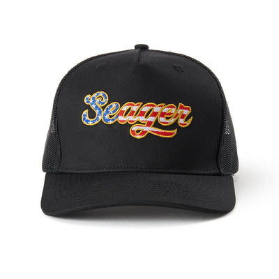 Big USA Snapback front view, Black with blue and gold embroidered script lettering and red and gold striping detail, Black